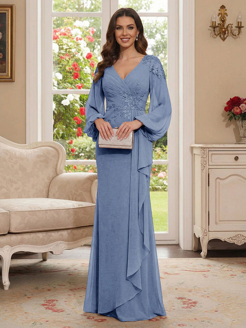 Sheath/Column V-Neck Long Sleeves Floor-Length Mother of the Bride Dresses with Lace & Applique