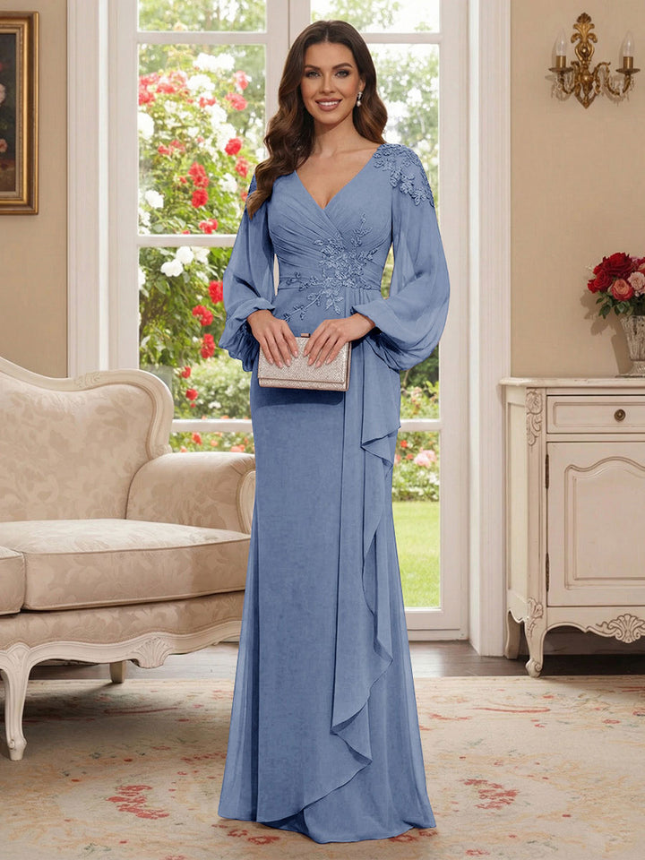 Sheath/Column V-Neck Long Sleeves Floor-Length Mother of the Bride Dresses with Lace &amp; Applique