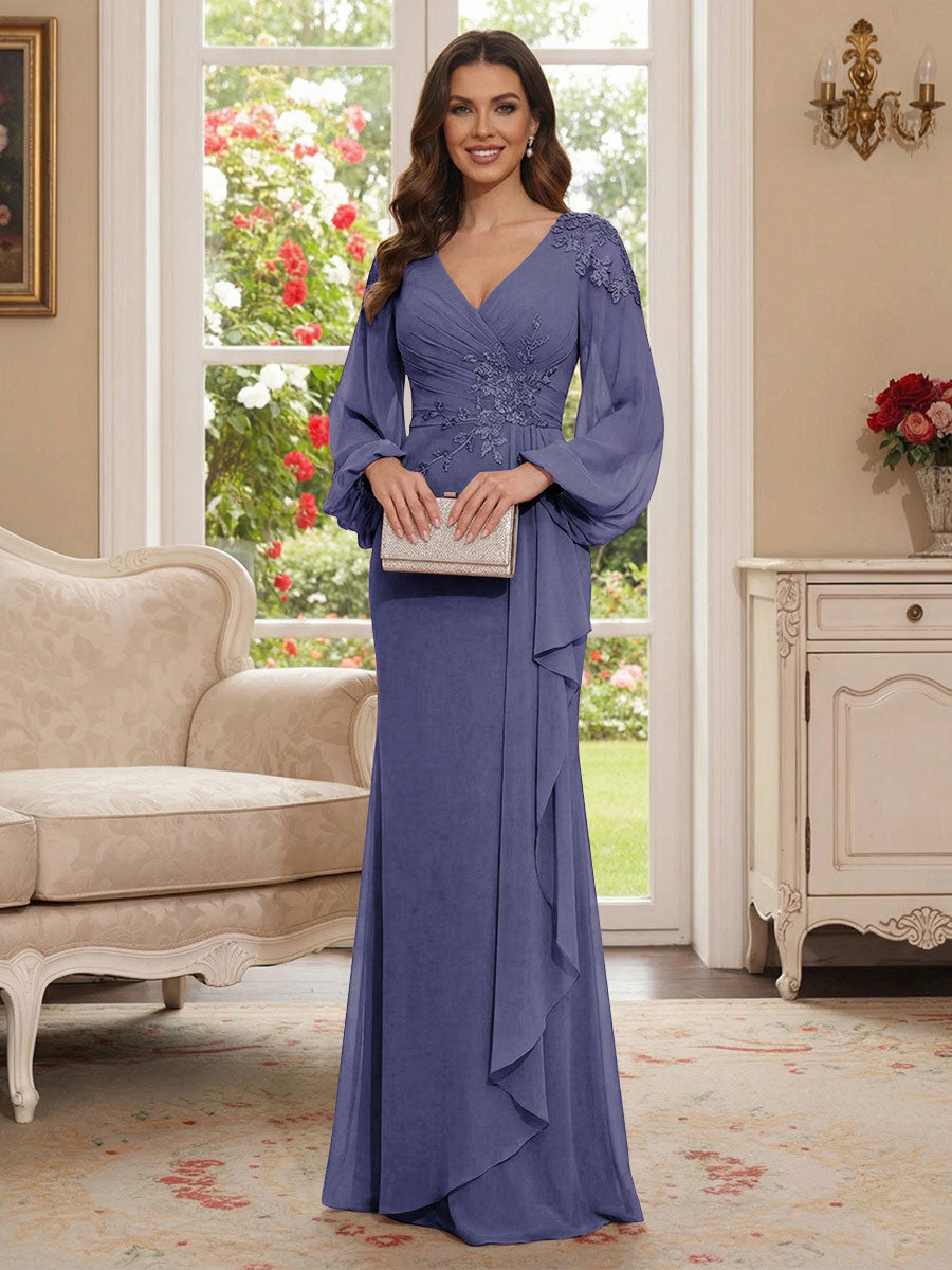 Sheath/Column V-Neck Long Sleeves Floor-Length Mother of the Bride Dresses with Lace &amp; Applique