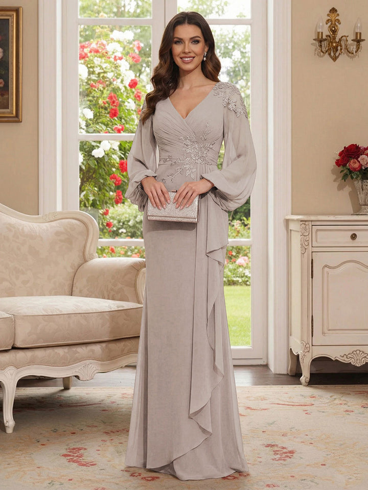 Sheath/Column V-Neck Long Sleeves Floor-Length Mother of the Bride Dresses with Lace &amp; Applique