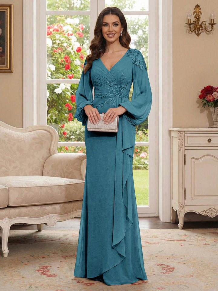 Sheath/Column V-Neck Long Sleeves Floor-Length Mother of the Bride Dresses with Lace &amp; Applique