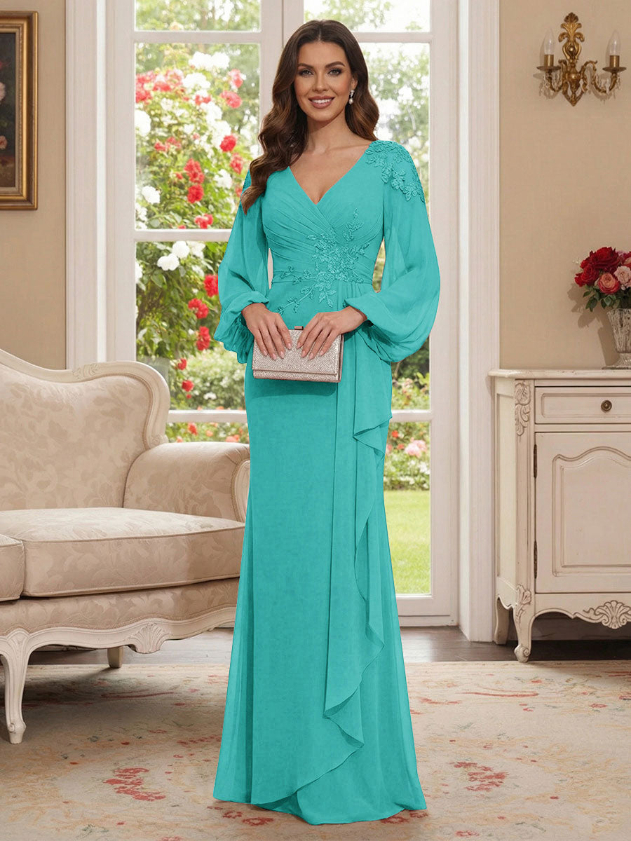 Sheath/Column V-Neck Long Sleeves Floor-Length Mother of the Bride Dresses with Lace &amp; Applique