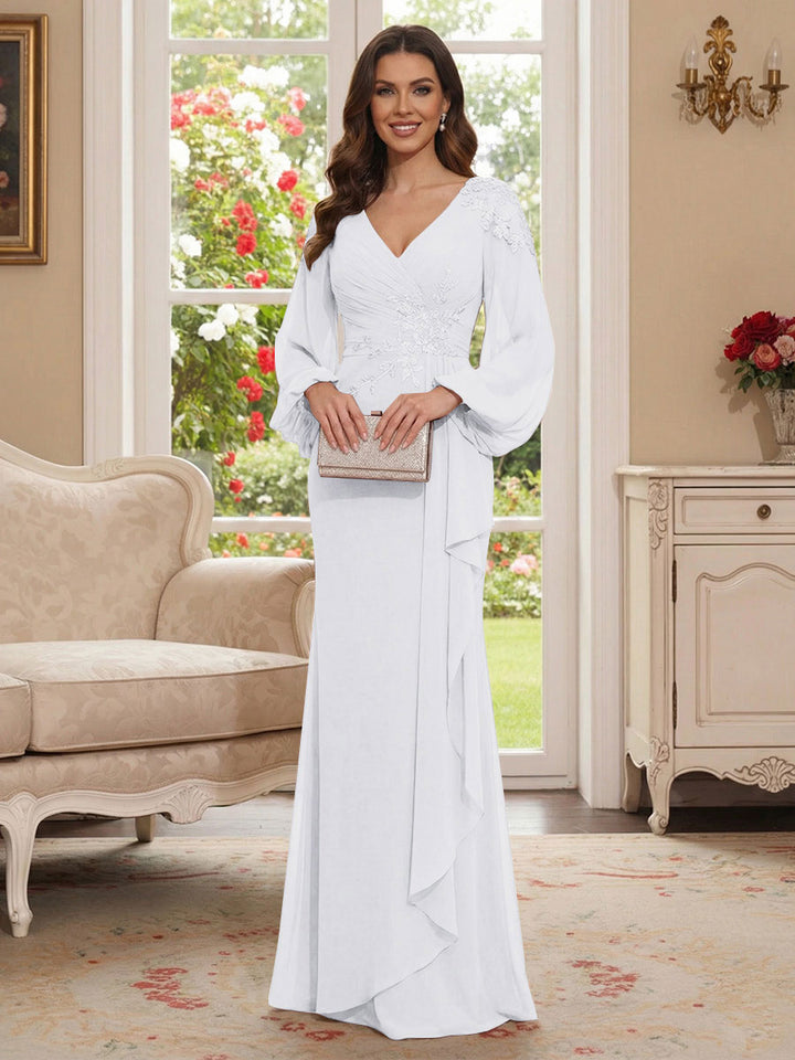 Sheath/Column V-Neck Long Sleeves Floor-Length Mother of the Bride Dresses with Lace &amp; Applique