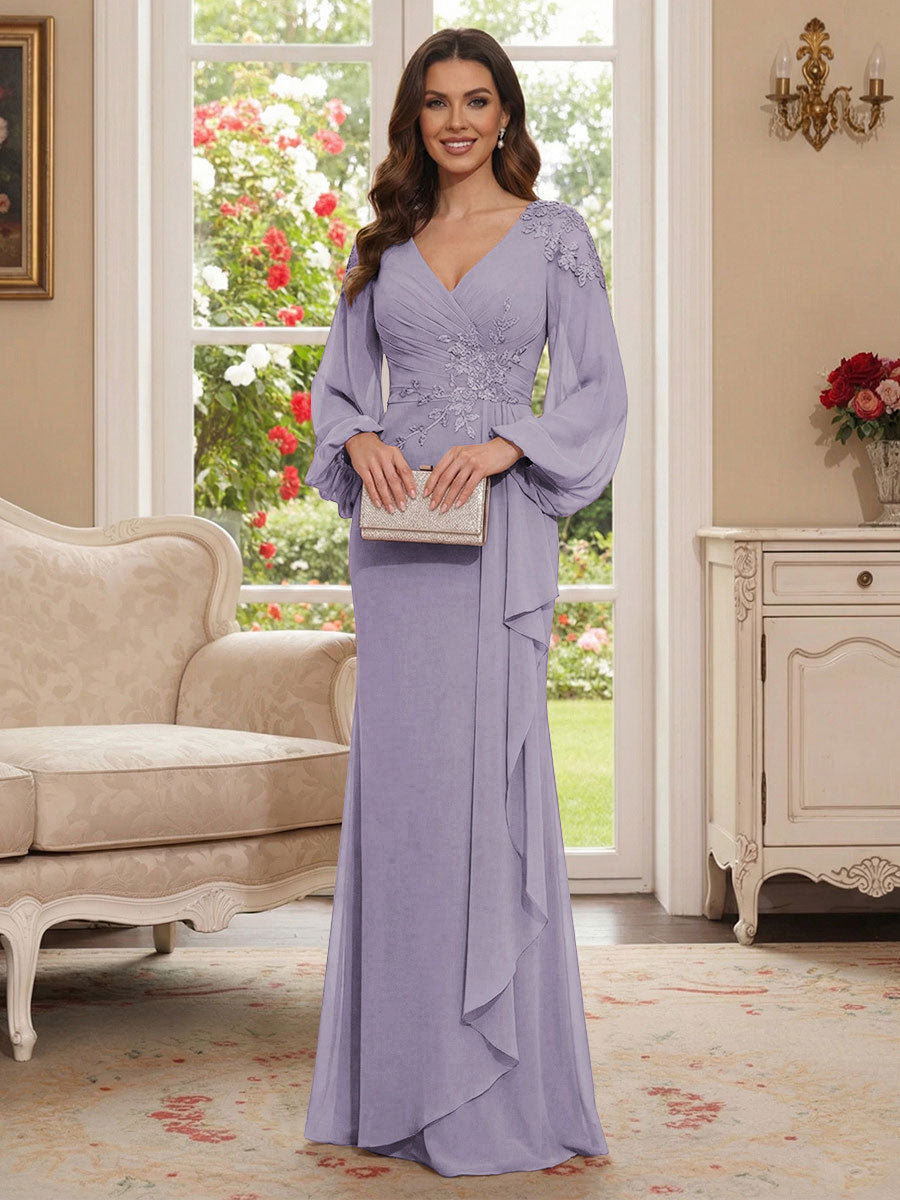 Sheath/Column V-Neck Long Sleeves Floor-Length Mother of the Bride Dresses with Lace &amp; Applique