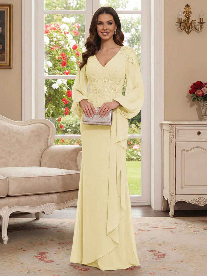 Sheath/Column V-Neck Long Sleeves Floor-Length Mother of the Bride Dresses with Lace &amp; Applique