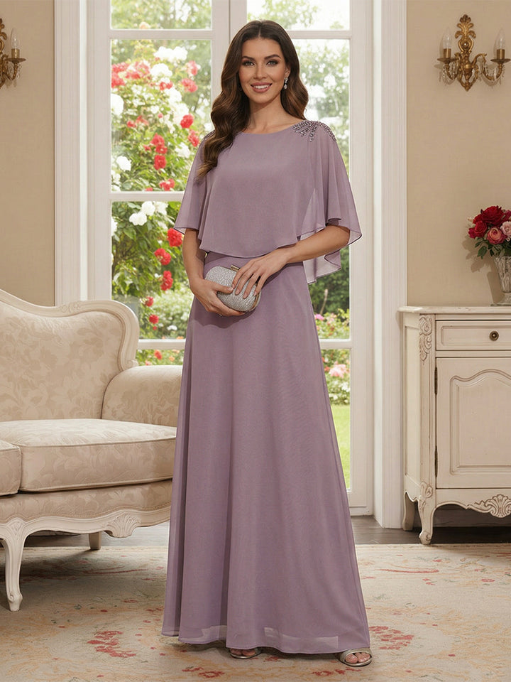A-Line/Princess Scoop Half Sleeves Floor-Length Mother of the Bride Dresses with Beading