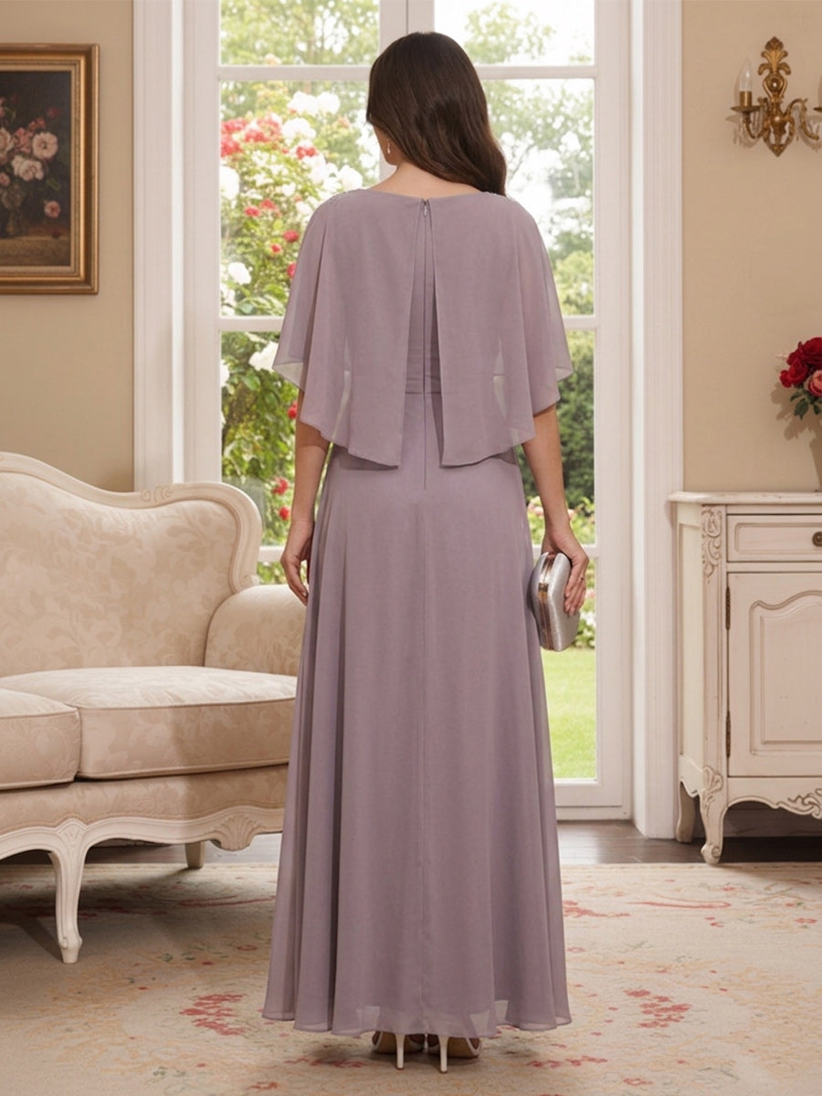 A-Line/Princess Scoop Half Sleeves Floor-Length Mother of the Bride Dresses with Beading