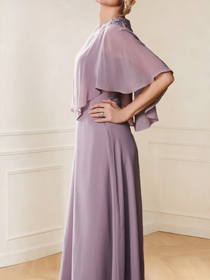 A-Line/Princess Scoop Half Sleeves Floor-Length Mother of the Bride Dresses with Beading