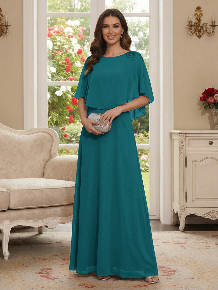 A-Line/Princess Scoop Half Sleeves Floor-Length Mother of the Bride Dresses with Beading