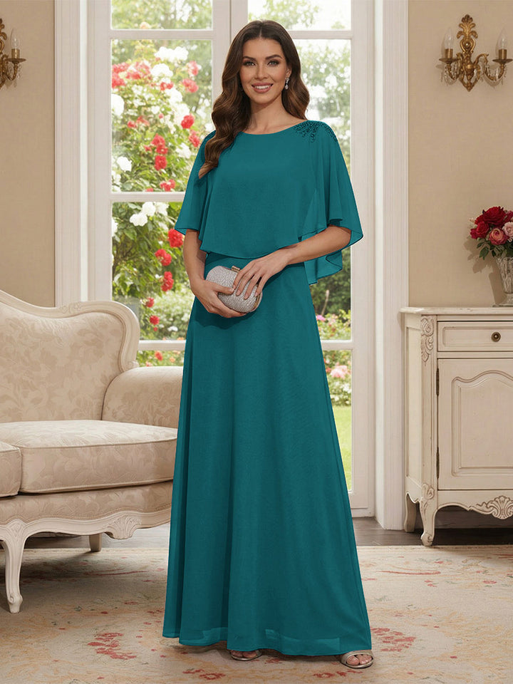 A-Line/Princess Scoop Half Sleeves Floor-Length Mother of the Bride Dresses with Beading