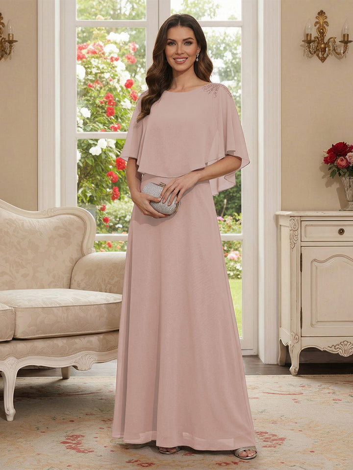 A-Line/Princess Scoop Half Sleeves Floor-Length Mother of the Bride Dresses with Beading