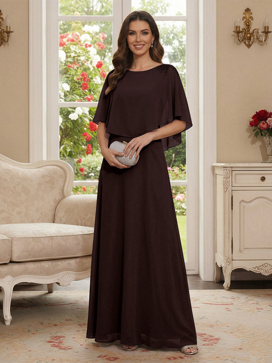 A-Line/Princess Scoop Half Sleeves Floor-Length Mother of the Bride Dresses with Beading