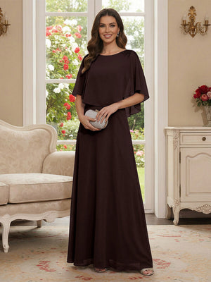 A-Line/Princess Scoop Half Sleeves Floor-Length Mother of the Bride Dresses with Beading