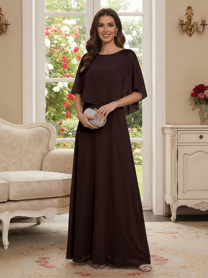 A-Line/Princess Scoop Half Sleeves Floor-Length Mother of the Bride Dresses with Beading
