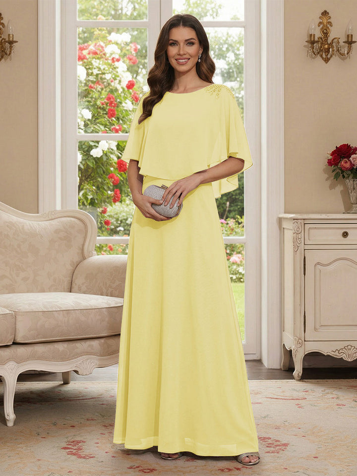 A-Line/Princess Scoop Half Sleeves Floor-Length Mother of the Bride Dresses with Beading