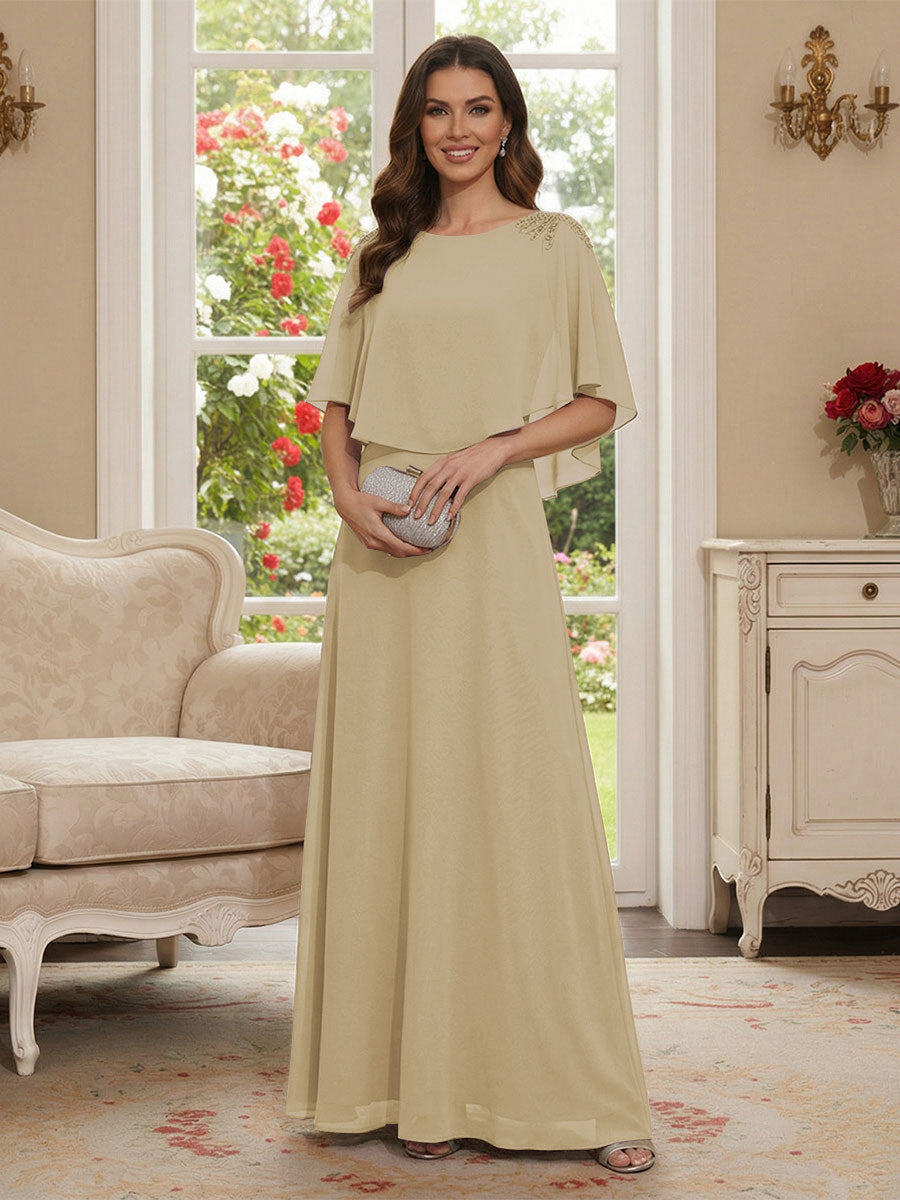 A-Line/Princess Scoop Half Sleeves Floor-Length Mother of the Bride Dresses with Beading