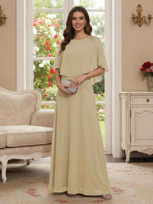 A-Line/Princess Scoop Half Sleeves Floor-Length Mother of the Bride Dresses with Beading