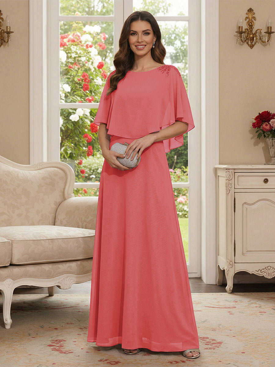 A-Line/Princess Scoop Half Sleeves Floor-Length Mother of the Bride Dresses with Beading