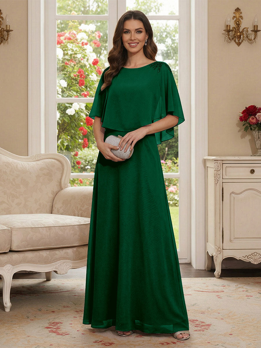 A-Line/Princess Scoop Half Sleeves Floor-Length Mother of the Bride Dresses with Beading