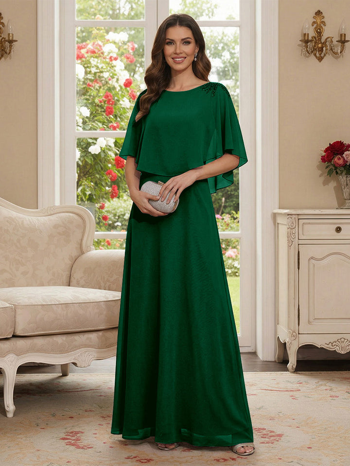 A-Line/Princess Scoop Half Sleeves Floor-Length Mother of the Bride Dresses with Beading