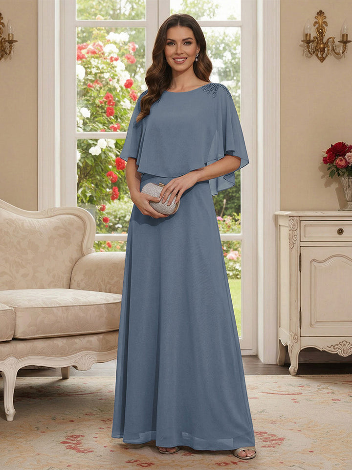 A-Line/Princess Scoop Half Sleeves Floor-Length Mother of the Bride Dresses with Beading