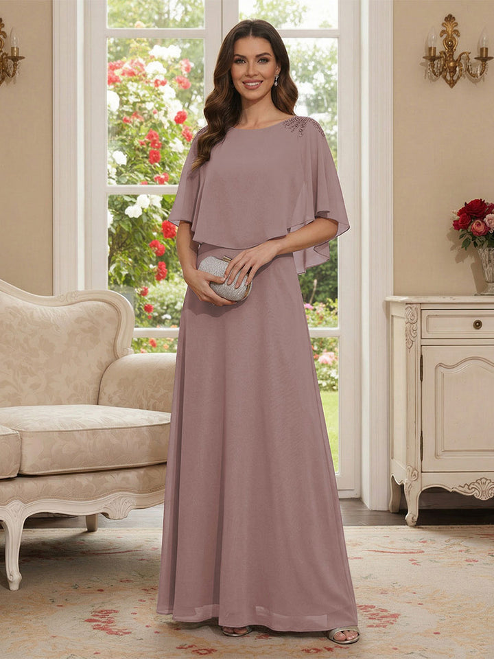 A-Line/Princess Scoop Half Sleeves Floor-Length Mother of the Bride Dresses with Beading