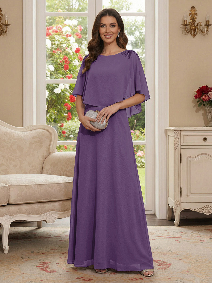 A-Line/Princess Scoop Half Sleeves Floor-Length Mother of the Bride Dresses with Beading