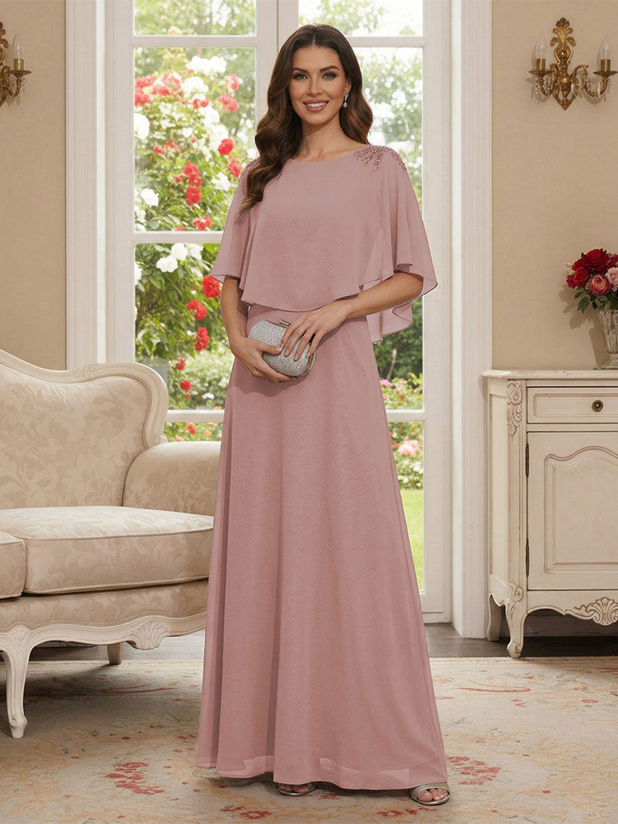 A-Line/Princess Scoop Half Sleeves Floor-Length Mother of the Bride Dresses with Beading