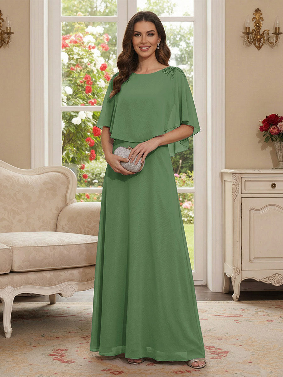 A-Line/Princess Scoop Half Sleeves Floor-Length Mother of the Bride Dresses with Beading