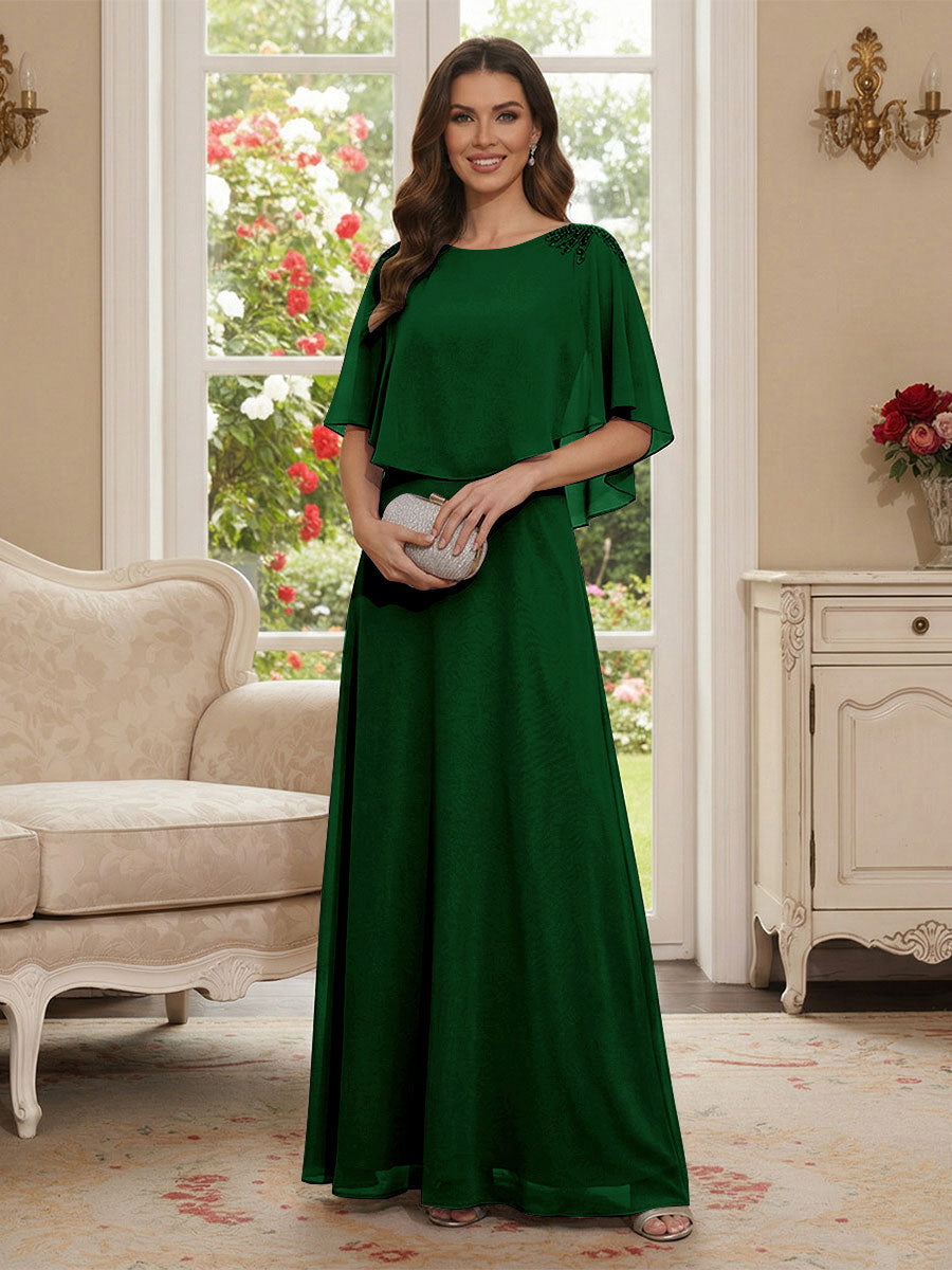 A-Line/Princess Scoop Half Sleeves Floor-Length Mother of the Bride Dresses with Beading