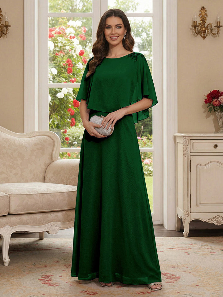 A-Line/Princess Scoop Half Sleeves Floor-Length Mother of the Bride Dresses with Beading