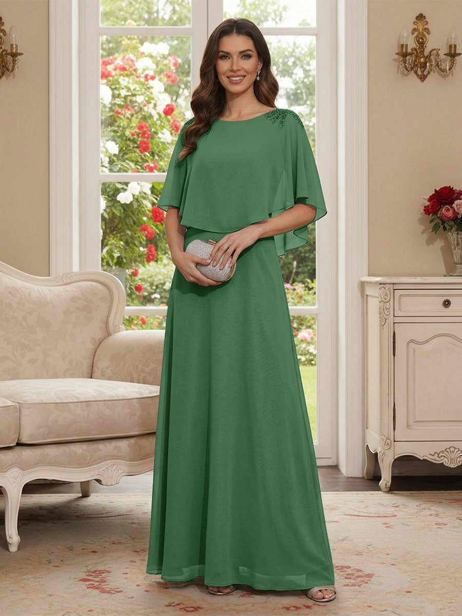 A-Line/Princess Scoop Half Sleeves Floor-Length Mother of the Bride Dresses with Beading