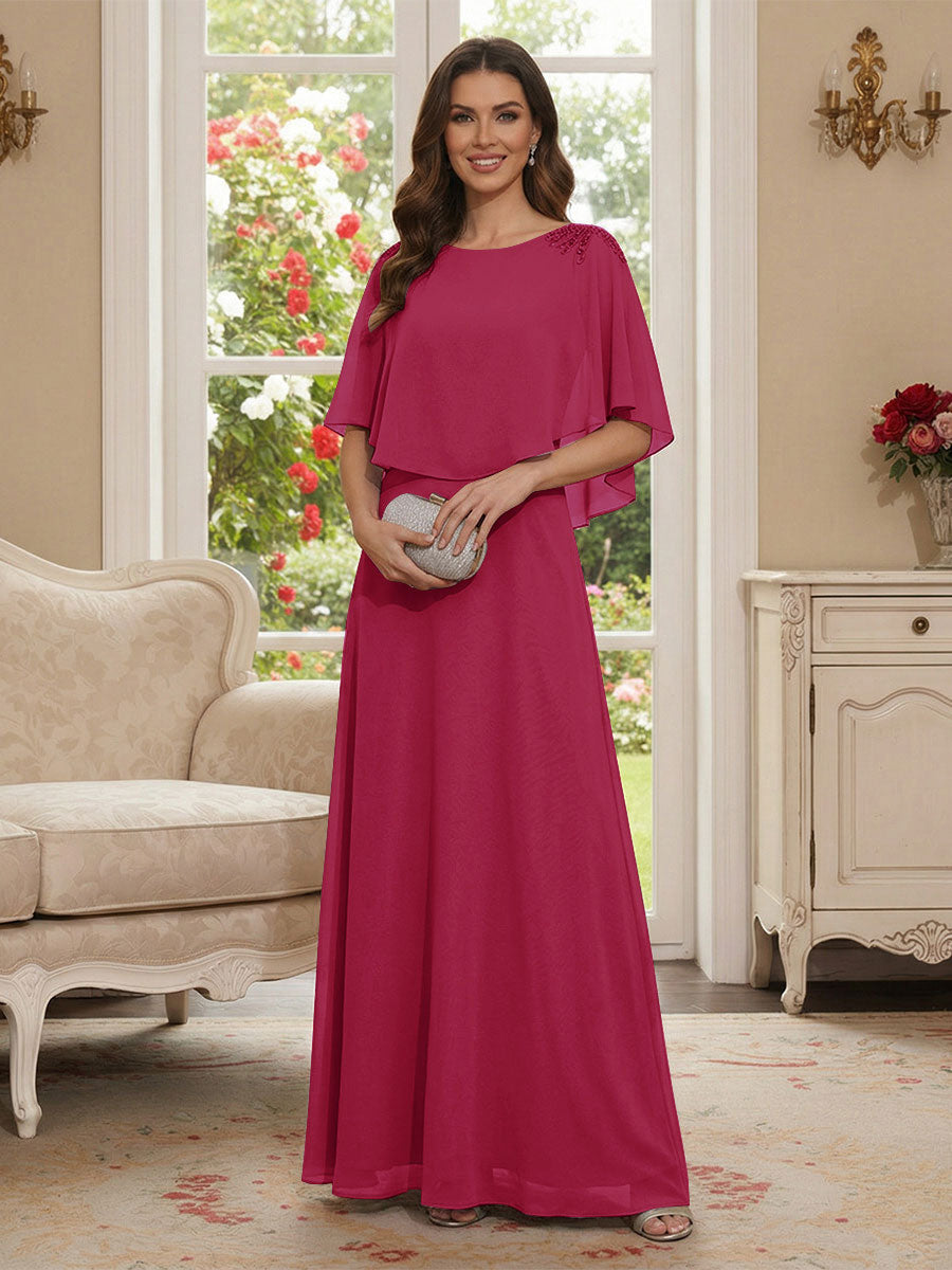 A-Line/Princess Scoop Half Sleeves Floor-Length Mother of the Bride Dresses with Beading