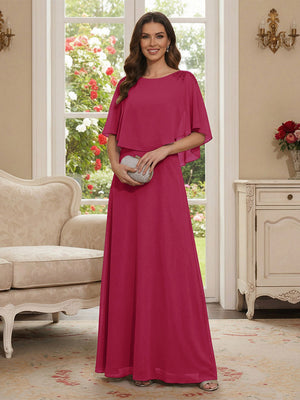 A-Line/Princess Scoop Half Sleeves Floor-Length Mother of the Bride Dresses with Beading