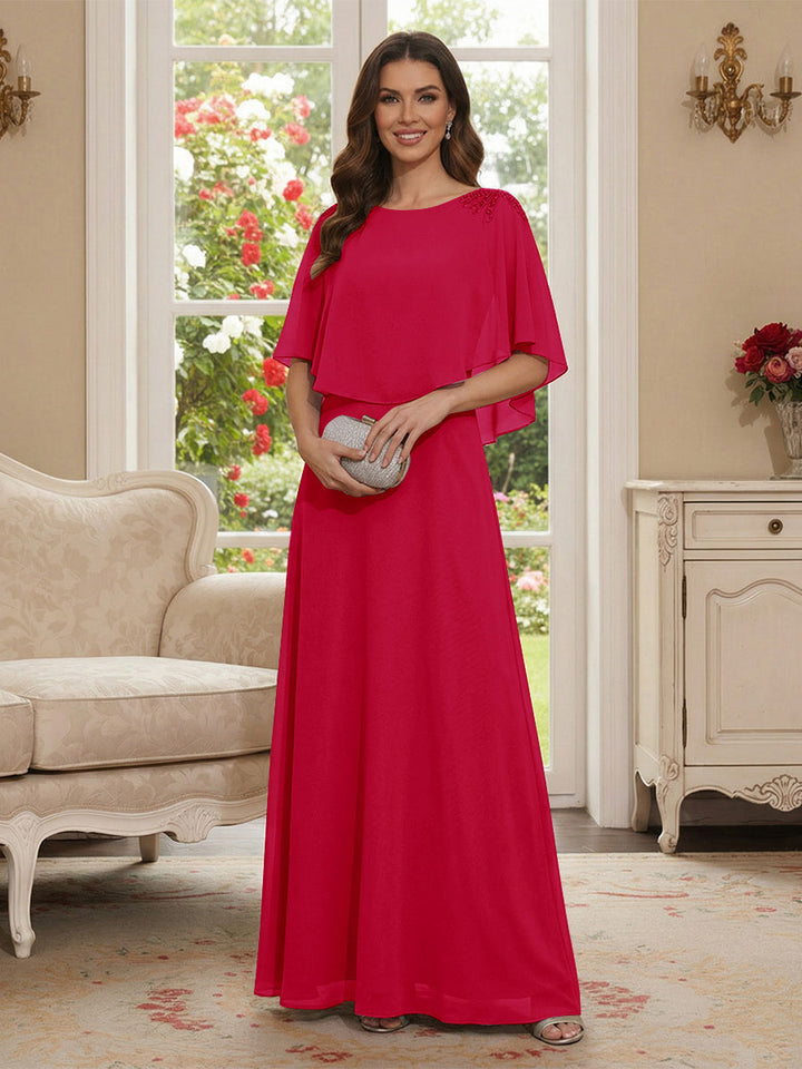 A-Line/Princess Scoop Half Sleeves Floor-Length Mother of the Bride Dresses with Beading