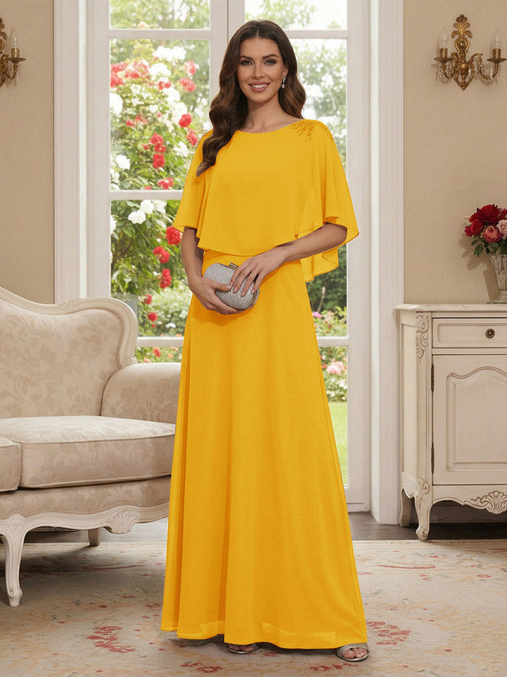 A-Line/Princess Scoop Half Sleeves Floor-Length Mother of the Bride Dresses with Beading