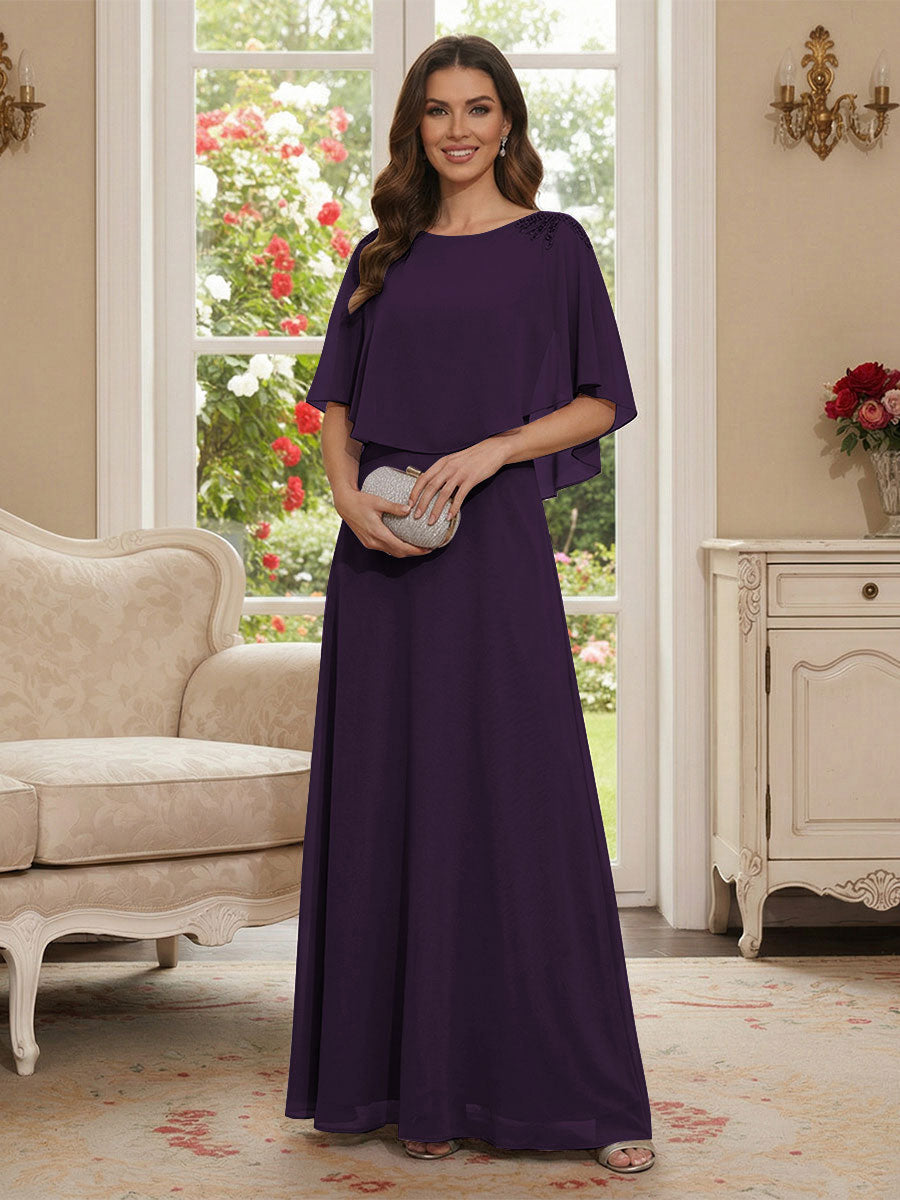 A-Line/Princess Scoop Half Sleeves Floor-Length Mother of the Bride Dresses with Beading