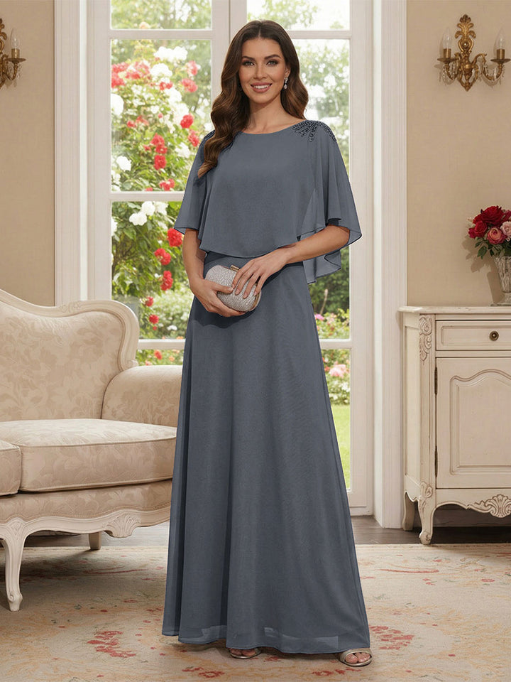 A-Line/Princess Scoop Half Sleeves Floor-Length Mother of the Bride Dresses with Beading