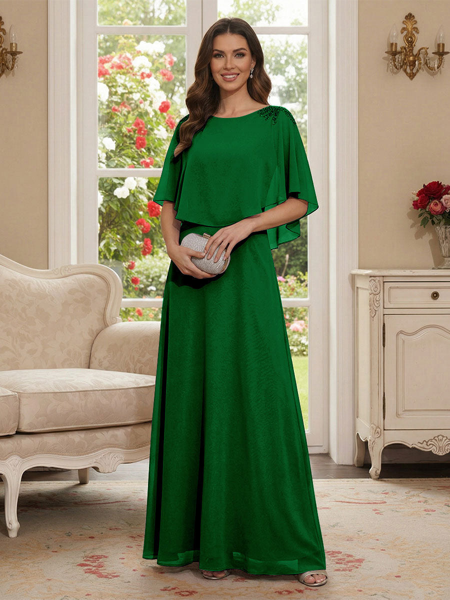 A-Line/Princess Scoop Half Sleeves Floor-Length Mother of the Bride Dresses with Beading