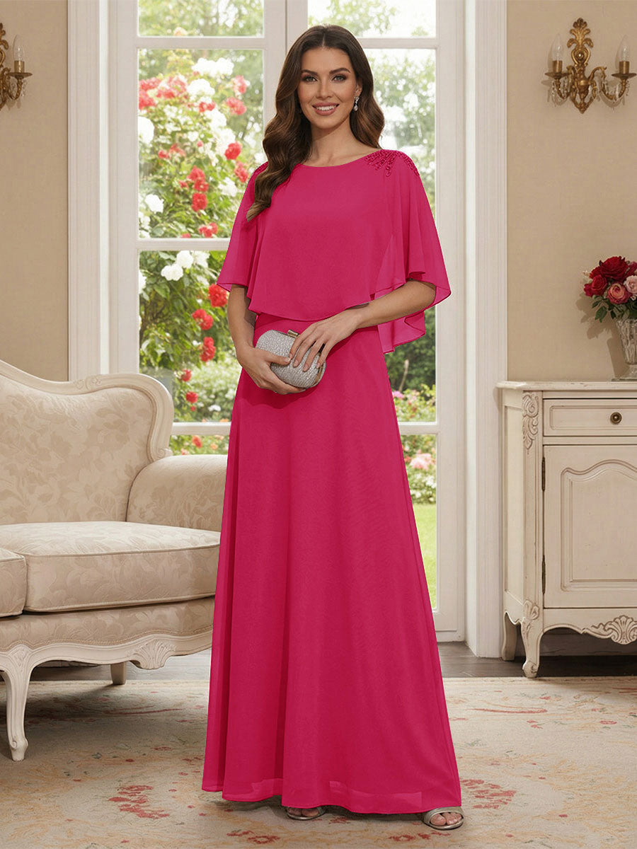 A-Line/Princess Scoop Half Sleeves Floor-Length Mother of the Bride Dresses with Beading