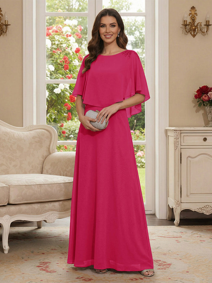 A-Line/Princess Scoop Half Sleeves Floor-Length Mother of the Bride Dresses with Beading