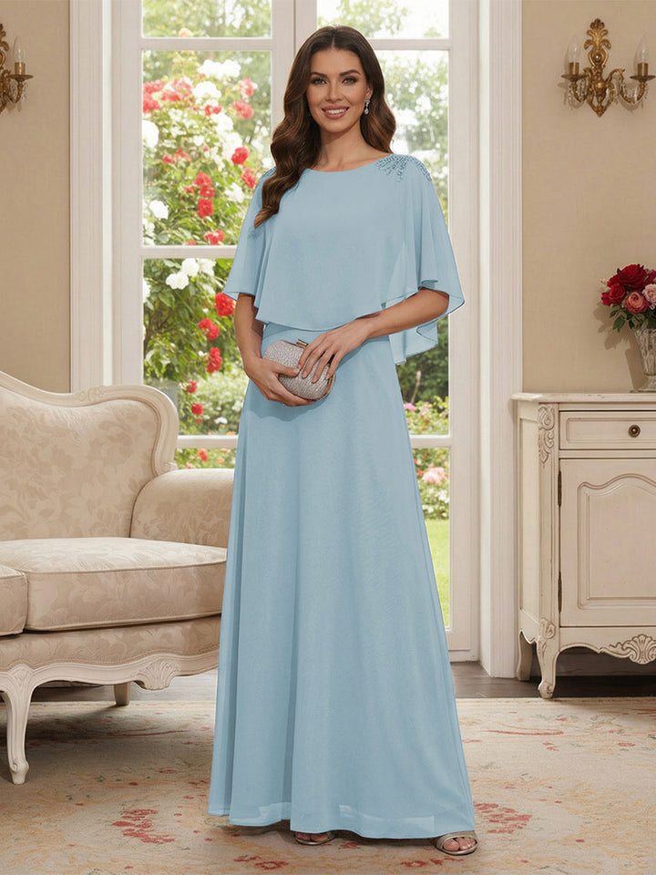 A-Line/Princess Scoop Half Sleeves Floor-Length Mother of the Bride Dresses with Beading