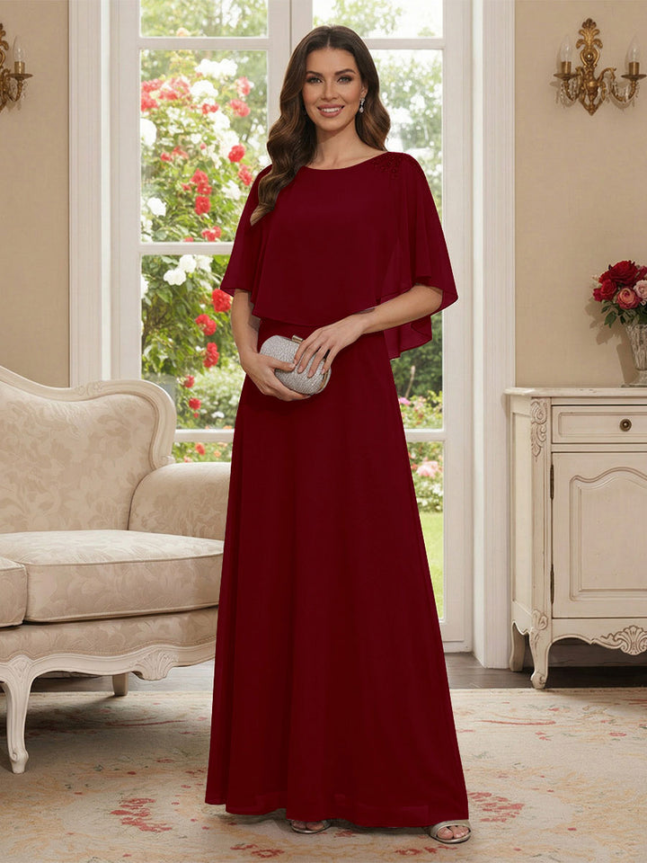 A-Line/Princess Scoop Half Sleeves Floor-Length Mother of the Bride Dresses with Beading