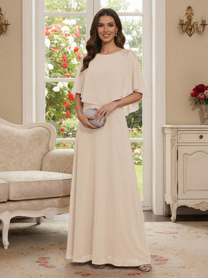 A-Line/Princess Scoop Half Sleeves Floor-Length Mother of the Bride Dresses with Beading