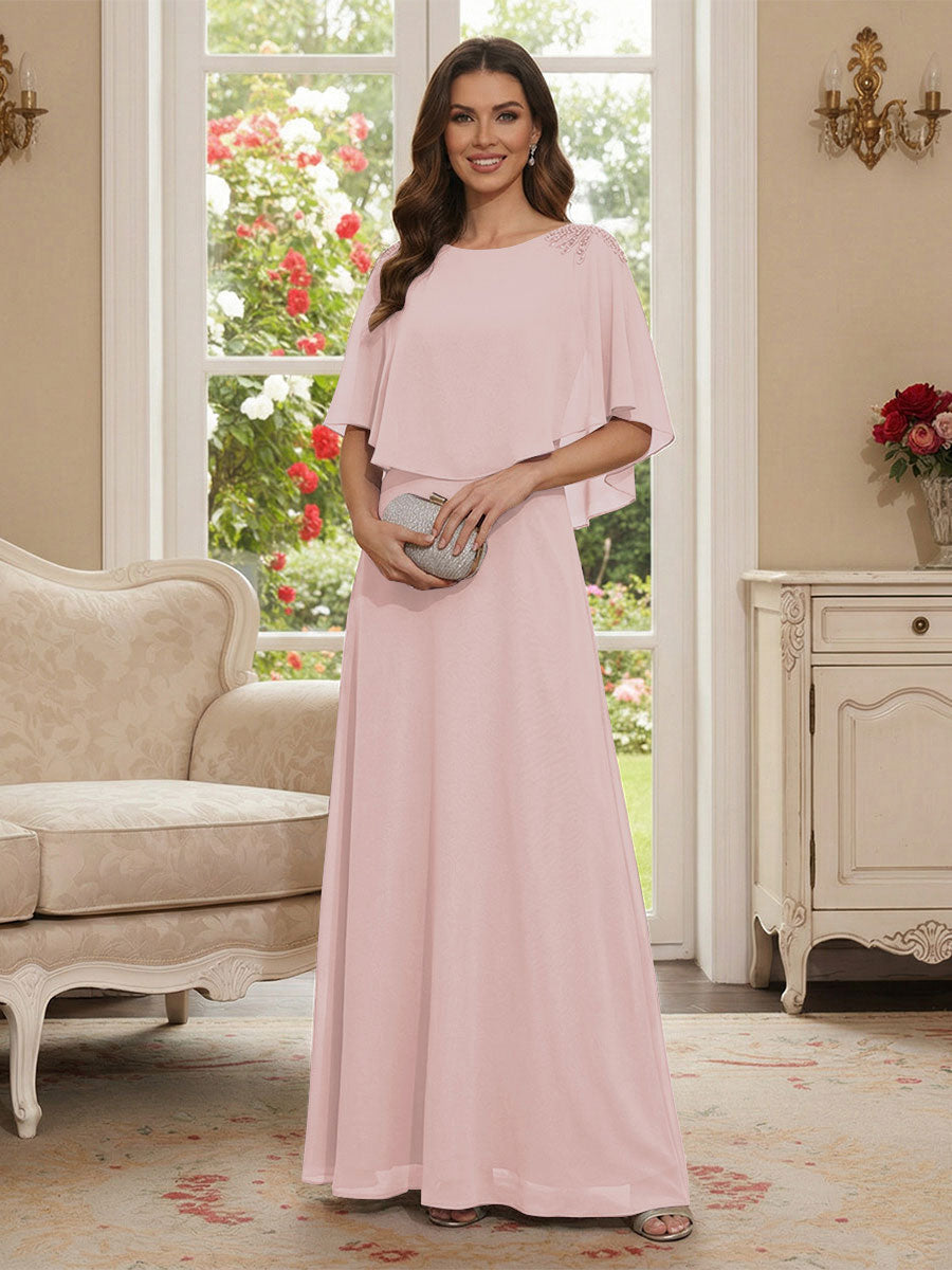 A-Line/Princess Scoop Half Sleeves Floor-Length Mother of the Bride Dresses with Beading