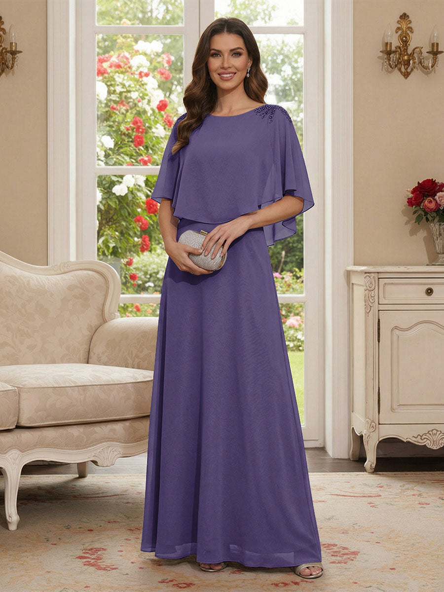 A-Line/Princess Scoop Half Sleeves Floor-Length Mother of the Bride Dresses with Beading
