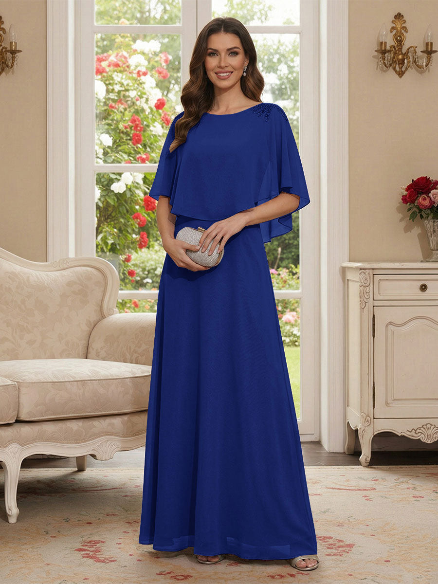 A-Line/Princess Scoop Half Sleeves Floor-Length Mother of the Bride Dresses with Beading