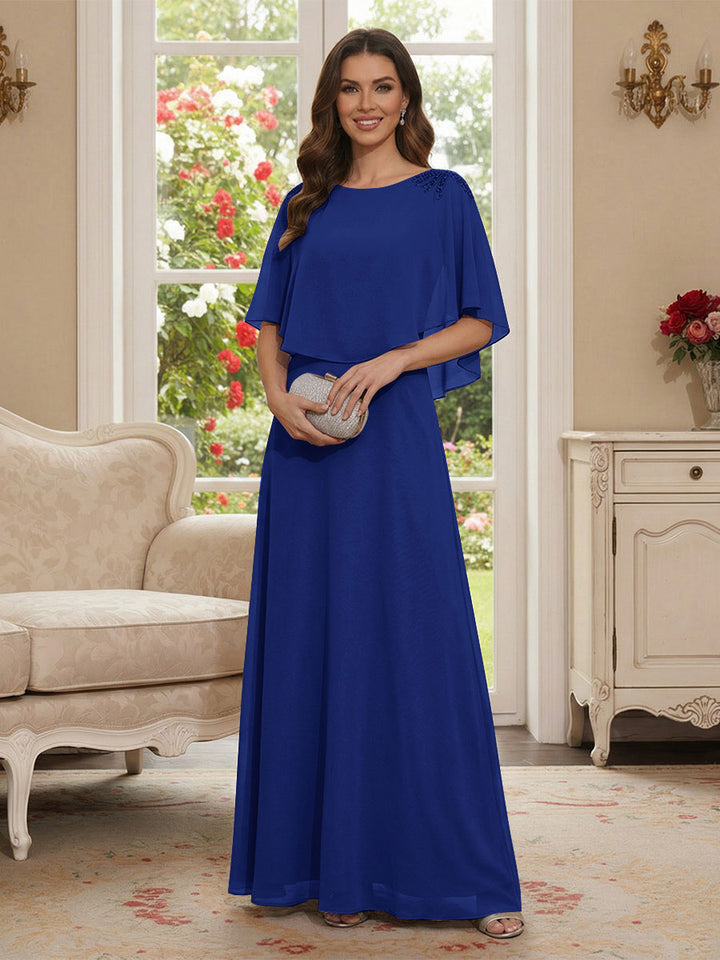 A-Line/Princess Scoop Half Sleeves Floor-Length Mother of the Bride Dresses with Beading