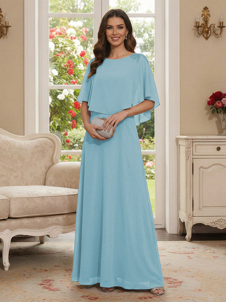 A-Line/Princess Scoop Half Sleeves Floor-Length Mother of the Bride Dresses with Beading