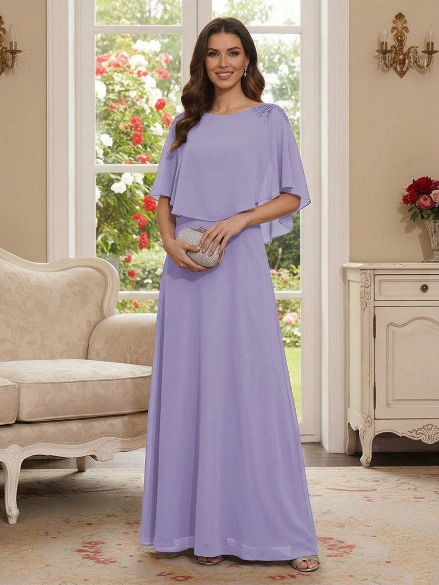 A-Line/Princess Scoop Half Sleeves Floor-Length Mother of the Bride Dresses with Beading